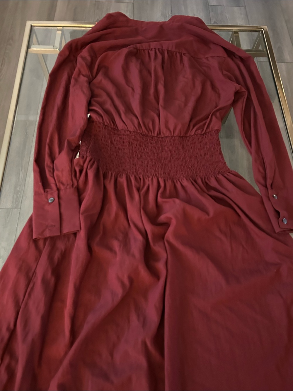 Long Sleeve Shirred Waist Dress in Deep Wine